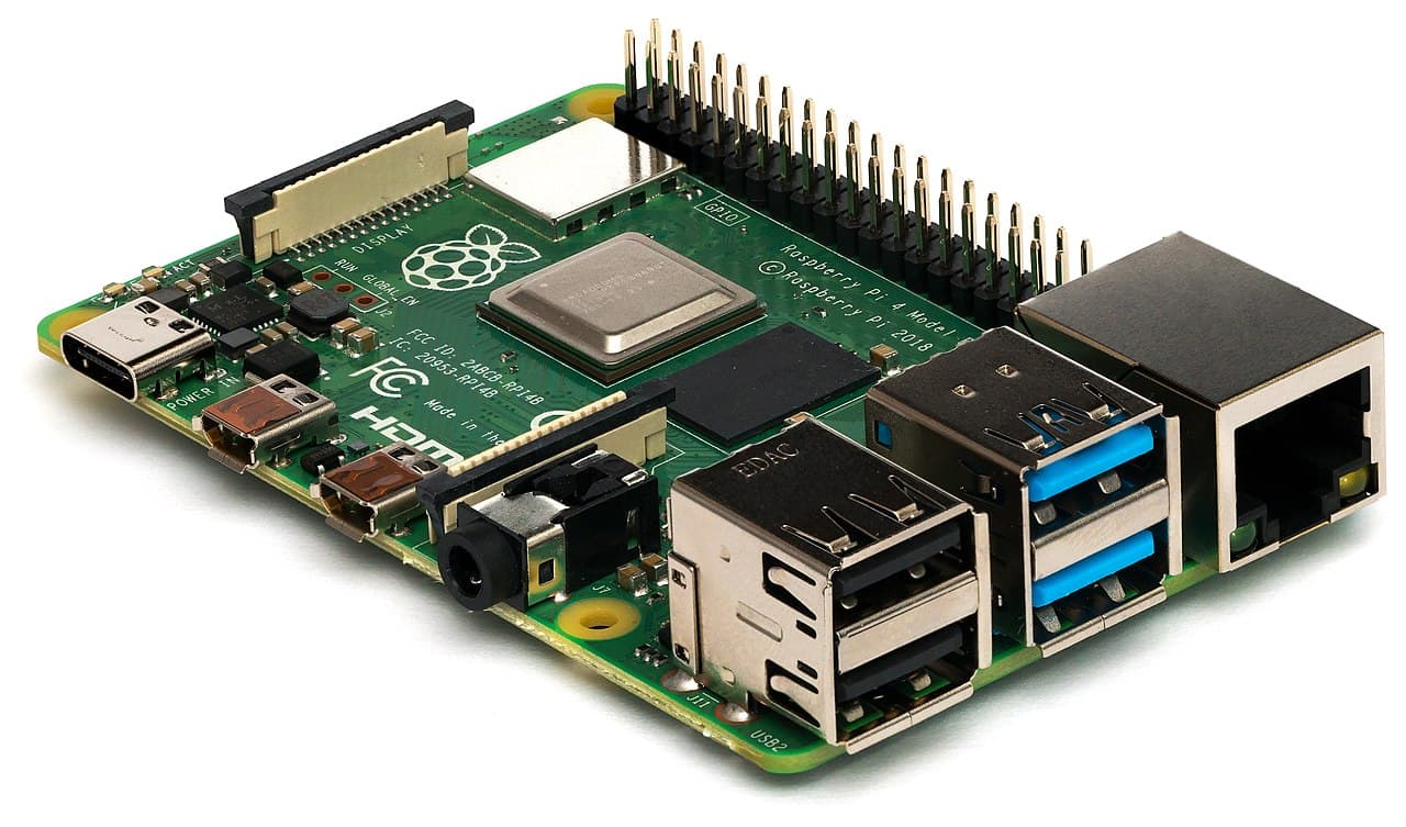 A Raspberry Pi 4 Model B single-board computer photographed from the side